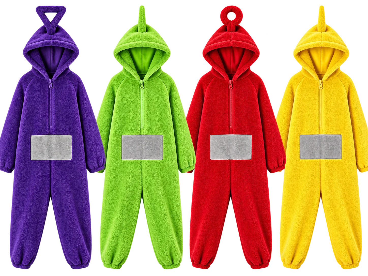 Purple, Green, Red and Yellow Telebuddies onesies together